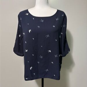 Monk & Lou Boxy Fit Boatneck Elbow Length Sleeve Paper Crane Blue Blouse